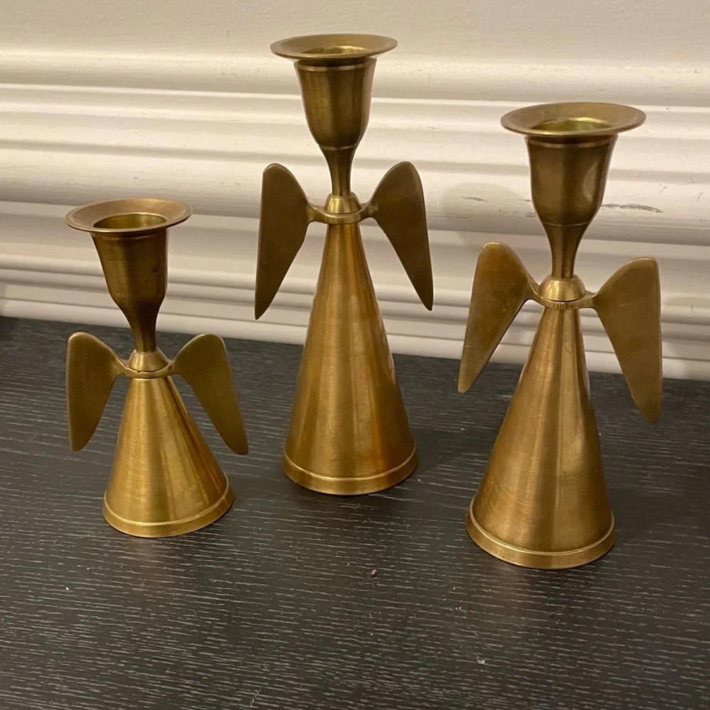 Set Of 3 Mid Century Brass Angel Wing Candle Holder Christmas MCM Taper